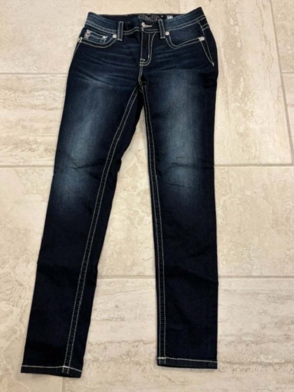 Miss Me Easy Skinny Jeans Size 27 Dark Wash Embellished Big Stitch Y2K Western - Picture 2 of 12